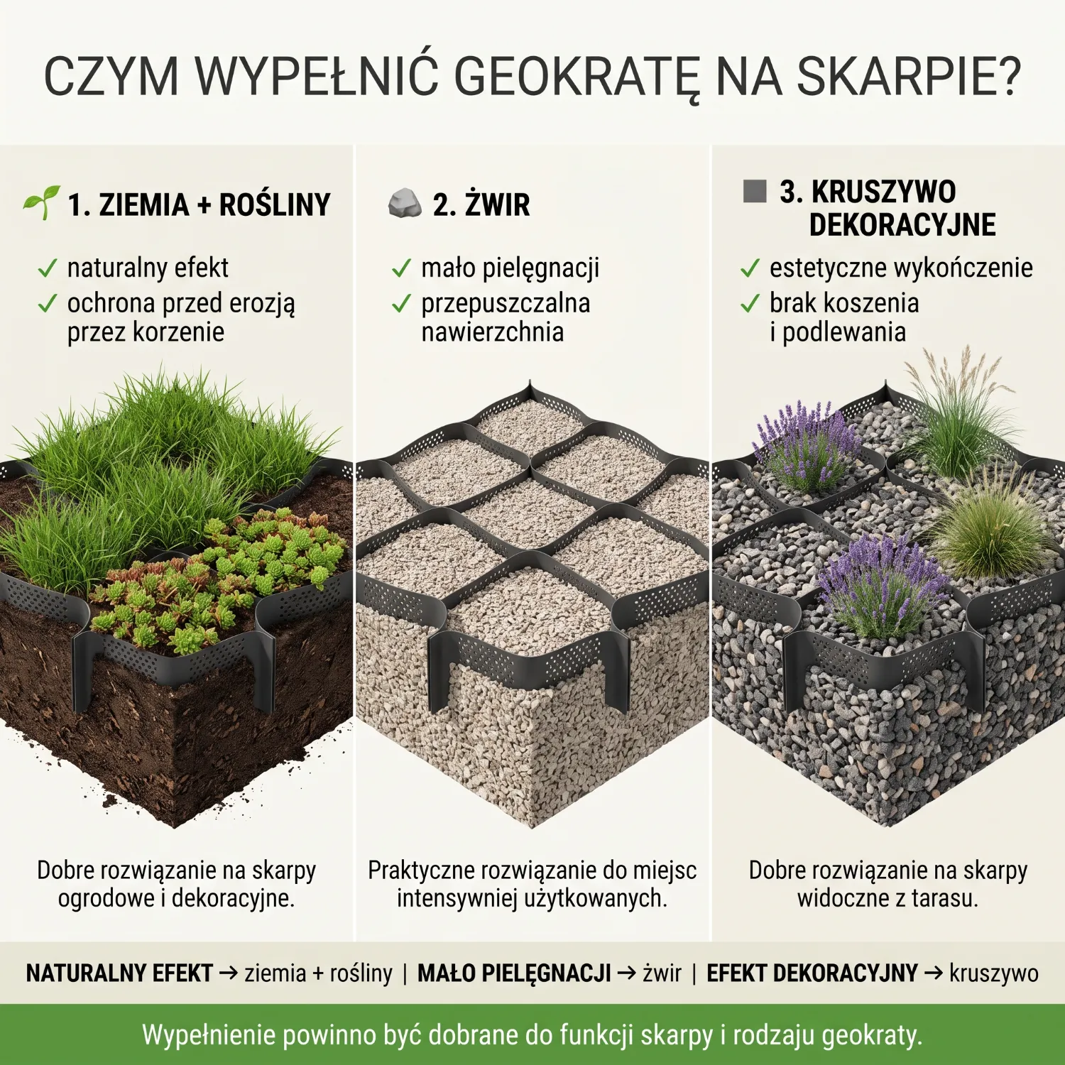 Puste komórki plastikowej geokraty rozłożonej na pochyłym terenie, przygotowane do wypełnienia